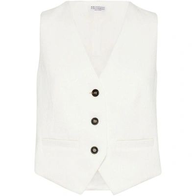 Brunello Cucinelli Herringbone-pattern V-neck Button-down Gilet In White