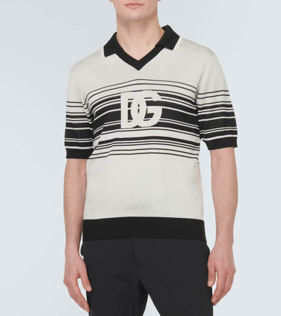 Shop Dolce & Gabbana Logo Striped Silk Jacquard Polo Shirt In Multicoloured