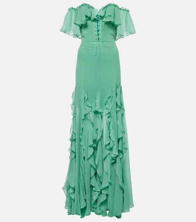 Shop Costarellos Off-shoulder Corset Silk Gown In Green