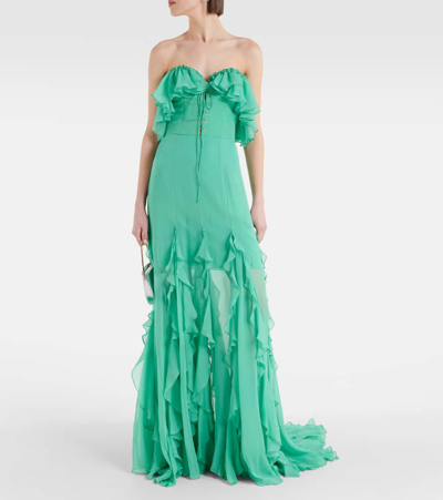 Shop Costarellos Off-shoulder Corset Silk Gown In Green