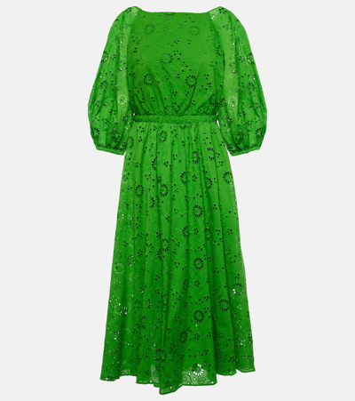 Shop Carolina Herrera Openwork Embroidered Cotton Midi Dress In Green