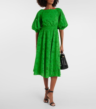 Shop Carolina Herrera Openwork Embroidered Cotton Midi Dress In Green