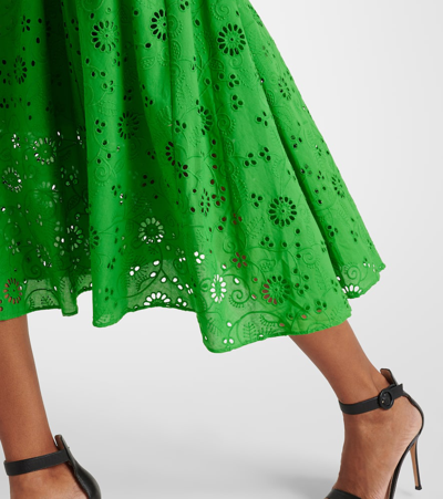 Shop Carolina Herrera Openwork Embroidered Cotton Midi Dress In Green