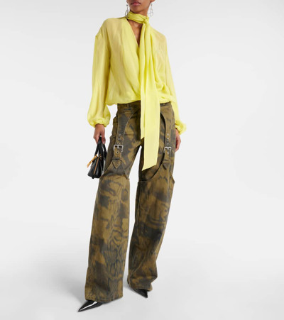 Shop Blumarine Printed Denim Wide-leg Pants In Green