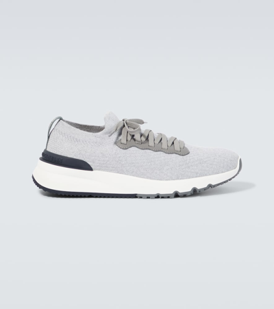Shop Brunello Cucinelli Leather-trimmed Knitted Slip-on Sneakers In Grey