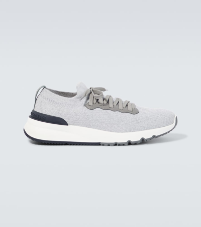 Shop Brunello Cucinelli Leather-trimmed Knit Sneakers In Grey