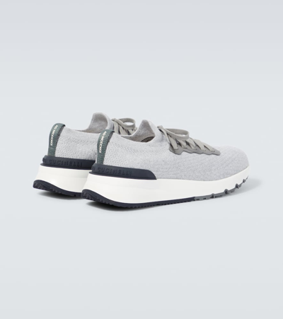 Shop Brunello Cucinelli Leather-trimmed Knitted Slip-on Sneakers In Grey