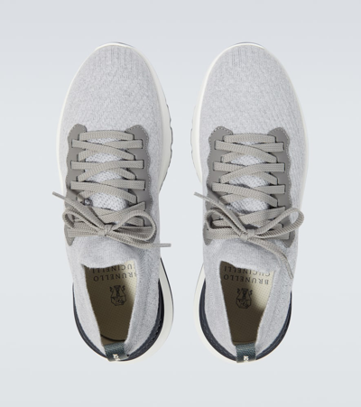 Shop Brunello Cucinelli Leather-trimmed Knit Sneakers In Grey