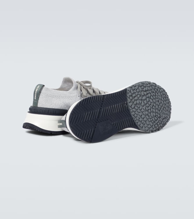 Shop Brunello Cucinelli Leather-trimmed Knitted Slip-on Sneakers In Grey