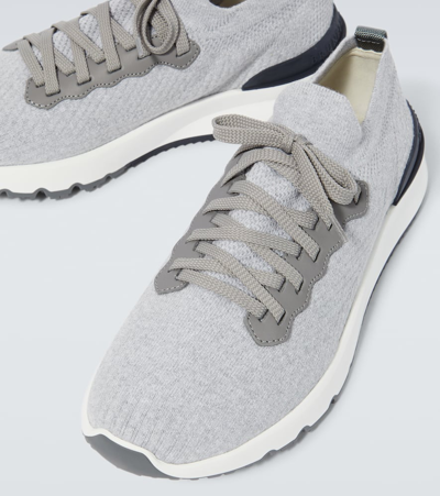 Shop Brunello Cucinelli Leather-trimmed Knit Sneakers In Grey