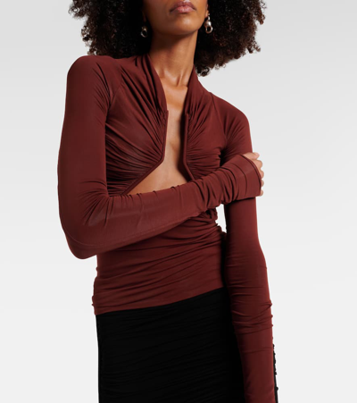 Shop Rick Owens Cutout Ruched Jersey Top In Brown