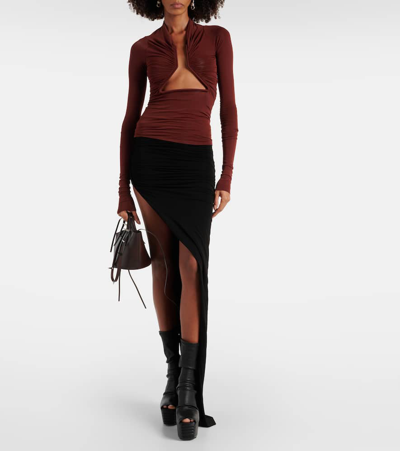 Shop Rick Owens Cutout Ruched Jersey Top In Brown