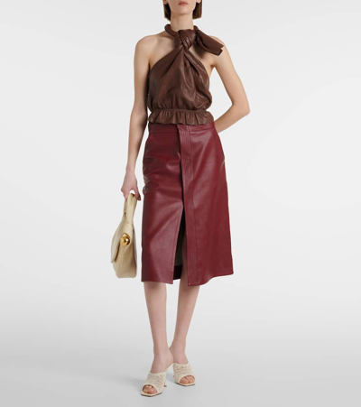 Shop Johanna Ortiz Gathered Halterneck Leather Top In Brown