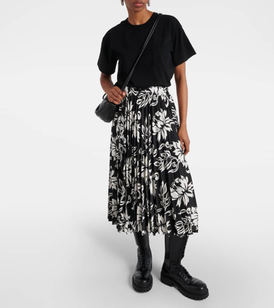 Shop Sacai Pleated Floral Midi Skirt In Black