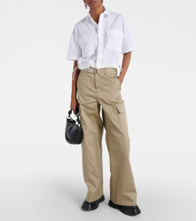 Shop Sacai High-rise Cotton Gabardine Wide-leg Pants In Beige