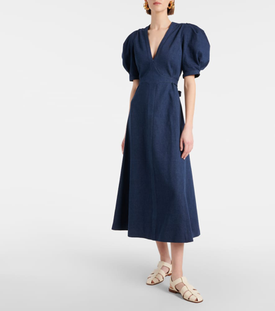 Shop Gabriela Hearst Luz Puff-sleeve Denim Midi Dress In Blue