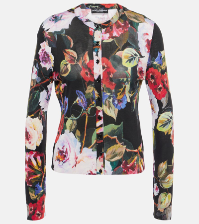 Dolce & Gabbana Floral-print Silk Cardigan In Black