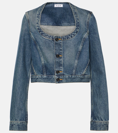 Shop Alaïa Cropped Denim Jacket In Blue