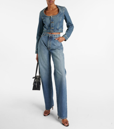 Shop Alaïa Cropped Denim Jacket In Blue