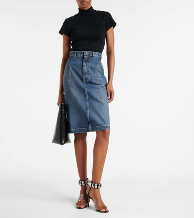 Shop Alaïa Denim Pencil Skirt In Blue