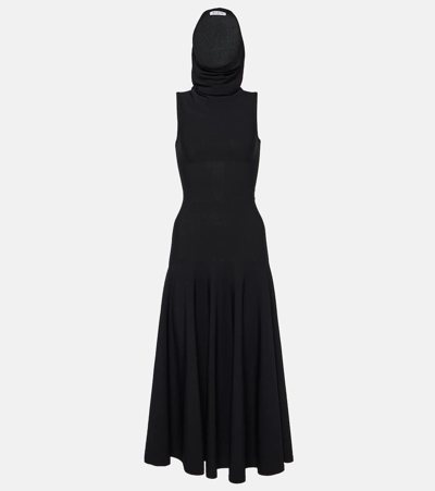 Shop Alaïa Hooded Jersey Midi Dress In Black