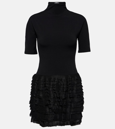 Shop Alaïa Ruffled High-neck Jersey Minidress In Black