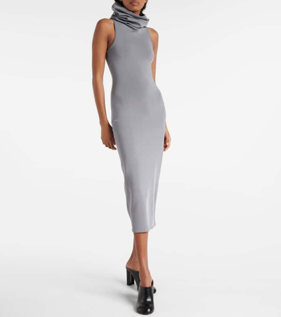 Shop Alaïa Hooded Jersey Midi Dress In Grey