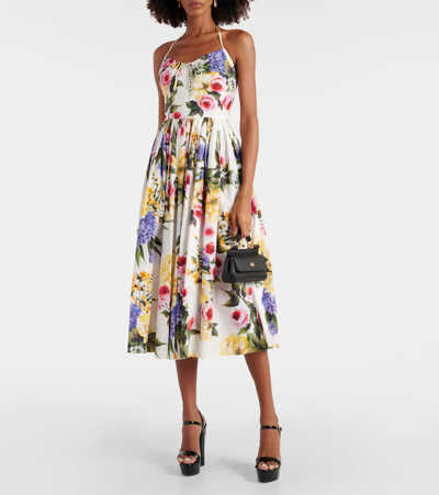 Shop Dolce & Gabbana Floral Cotton Poplin Midi Dress In Multicoloured