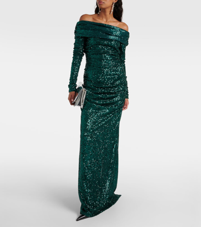 Shop Dolce & Gabbana Off-shoulder Sequined Gown In Green