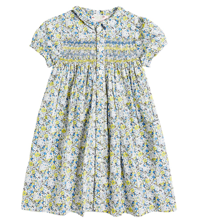 Shop Bonpoint Candice Smocked Floral Cotton Dress In Blue