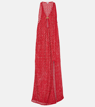 Shop Ganni Cutout Mesh Maxi Dress In Red