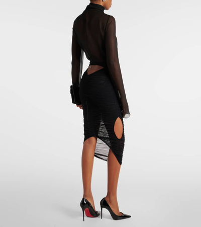 Mugler Cutout Draped Mesh Midi Skirt In Black