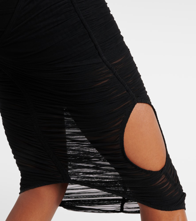 Mugler Cutout Draped Mesh Midi Skirt In Black