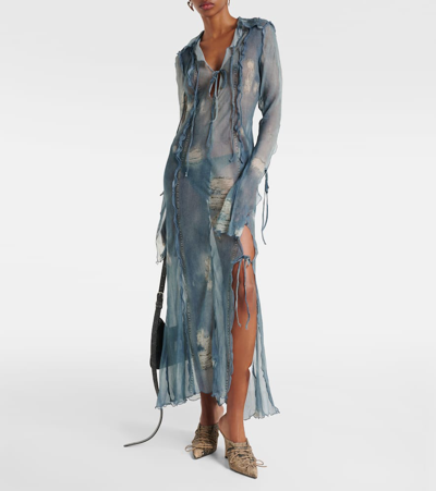 Shop Acne Studios Printed Sheer Midi Dress In Blue