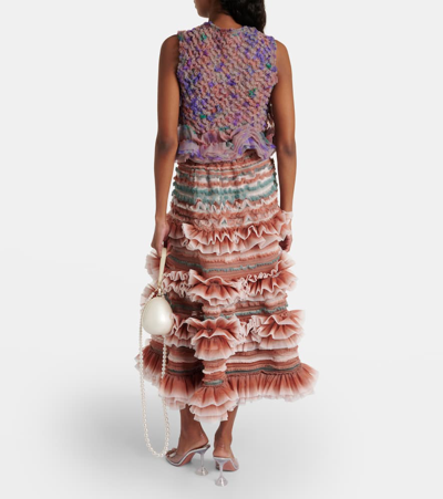 Shop Susan Fang Shirred Striped Tulle Midi Skirt In Multicoloured