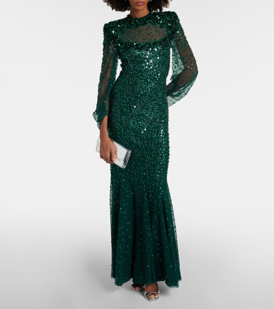 Shop Jenny Packham Embellished Tulle Gown In Green