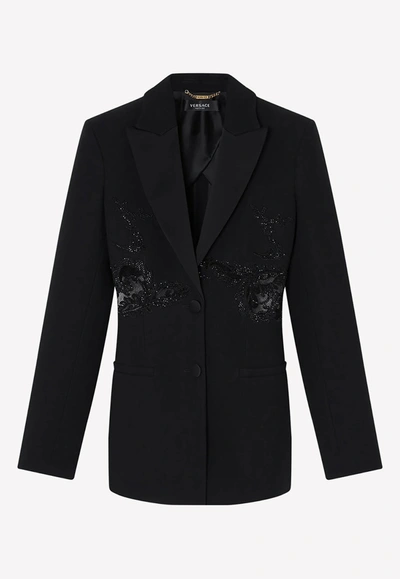 Versace Crystal-embellished Blazer With Lace Insert In Black