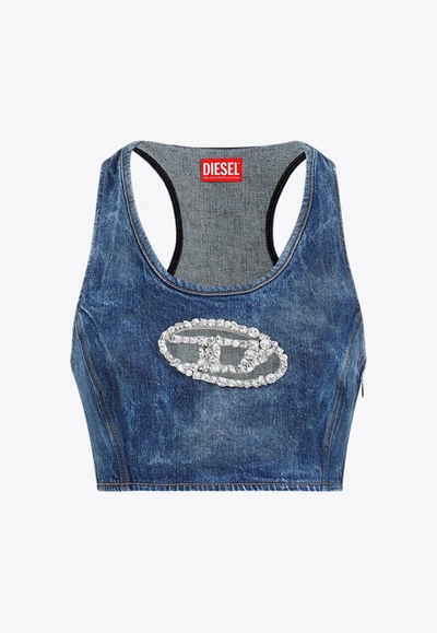 Diesel Denim Crop Top With Jewel Buckle In Blue