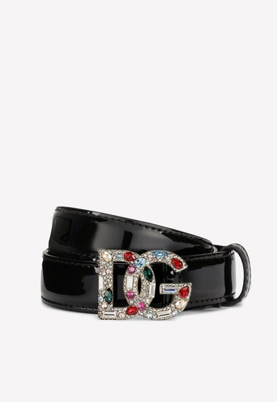 Dolce & Gabbana Patent Leather Belt With Crystal-detailed Dg Logo In Black