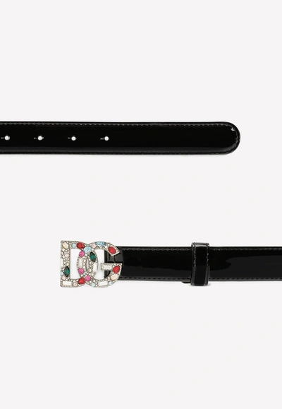 Dolce & Gabbana Patent Leather Belt With Crystal-detailed Dg Logo In Black