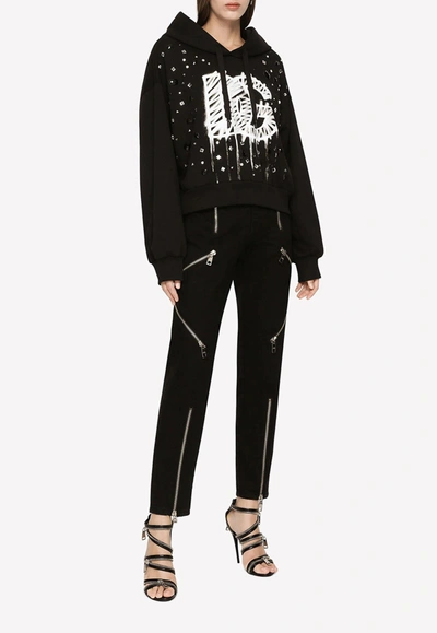 Dolce & Gabbana Crystal-embellished Dg Logo Print Hoodie In Black