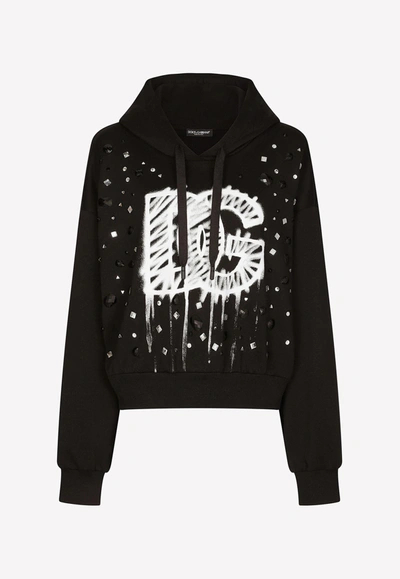 Dolce & Gabbana Crystal-embellished Dg Logo Print Hoodie In Black