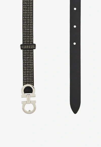 Shop Ferragamo Crystal-embellished Gancini Leather Belt In Black