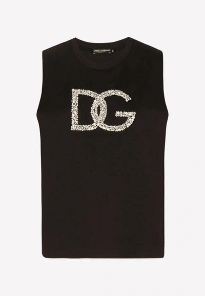 Dolce & Gabbana Crystal-embellished Interlock Logo Tank Top In Black