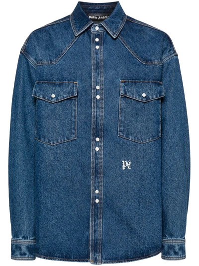 Shop Palm Angels Denim Shirt With Embroidery In Blue