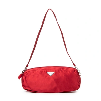 Shop Prada Satin Slippers And Pouch Bag In Red