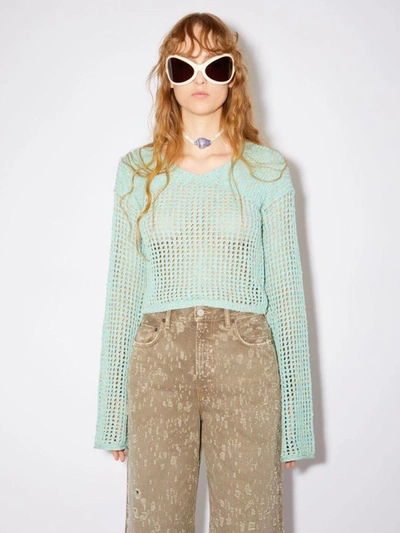 Shop Acne Studios Cropped Openwork Sweater In Turquoise Green