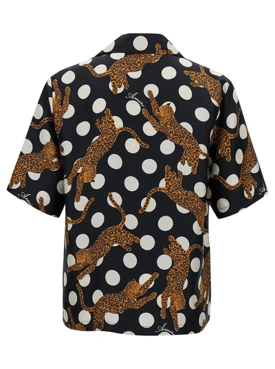 Shop Amiri Black Polka Dots Bowling Shirt With Tiger Print In Silk Man