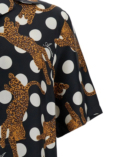Shop Amiri Black Polka Dots Bowling Shirt With Tiger Print In Silk Man