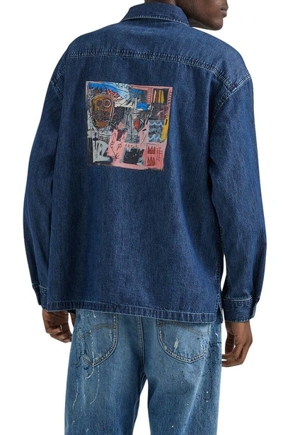 Shop Lee X Basquiat Denim Graphic Half Placket Shirt In Mid Dark Shade